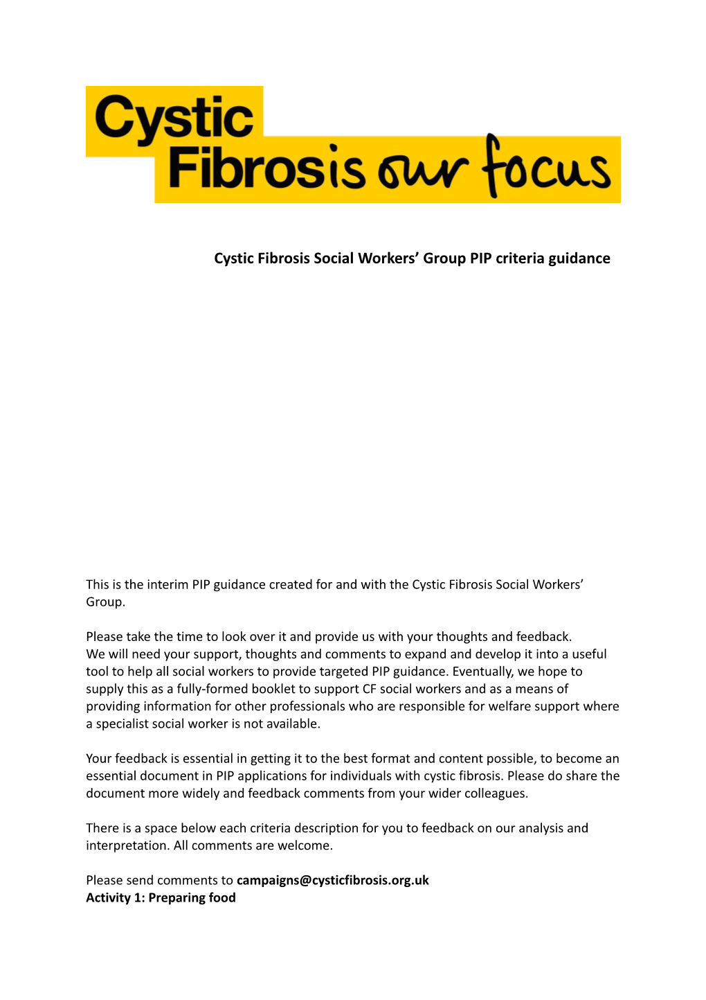 Cystic Fibrosis Social Workers Group PIP Criteria Guidance