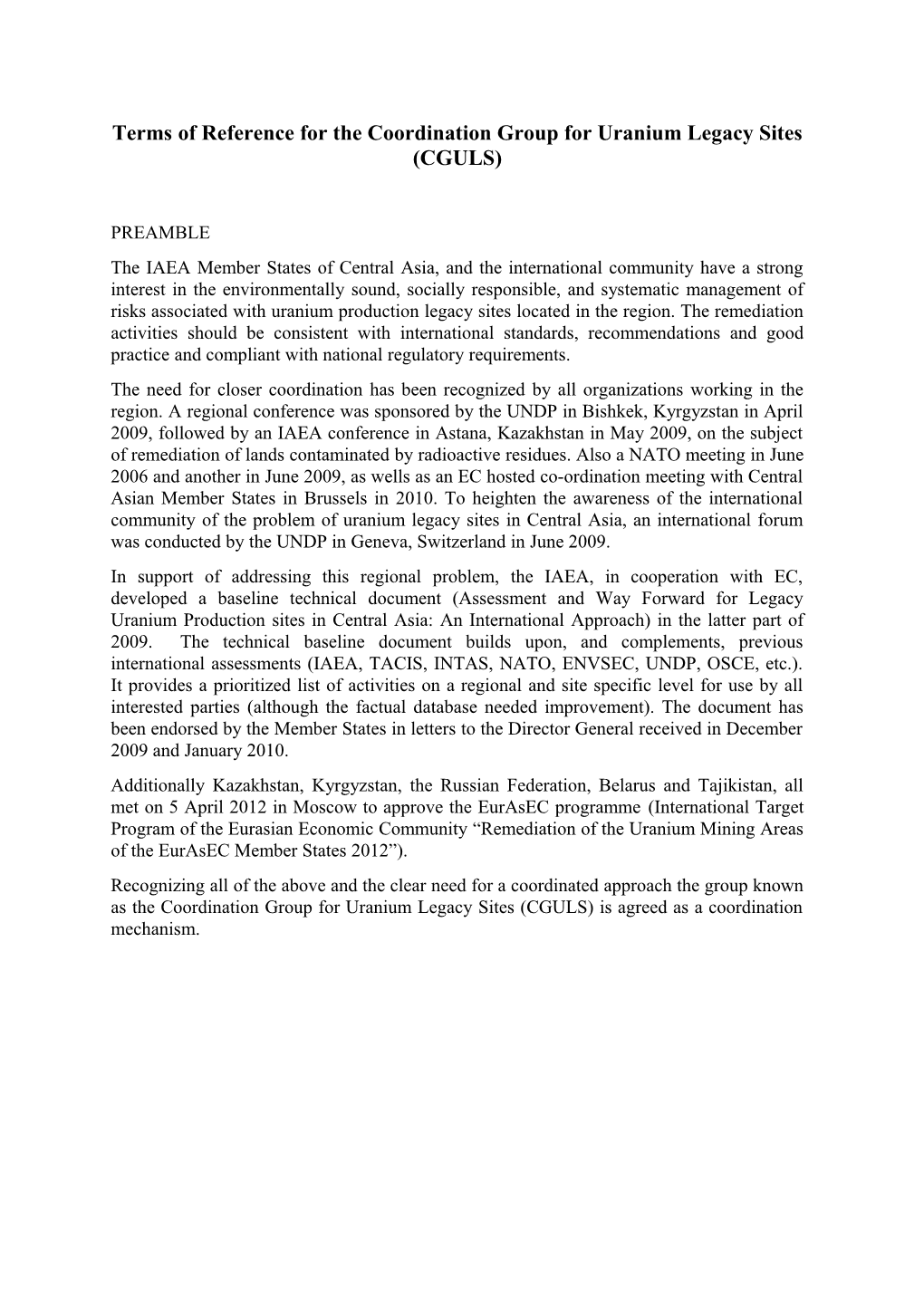 Terms of Reference for the Central Asian Coordination Group for Uranium Production Legacy