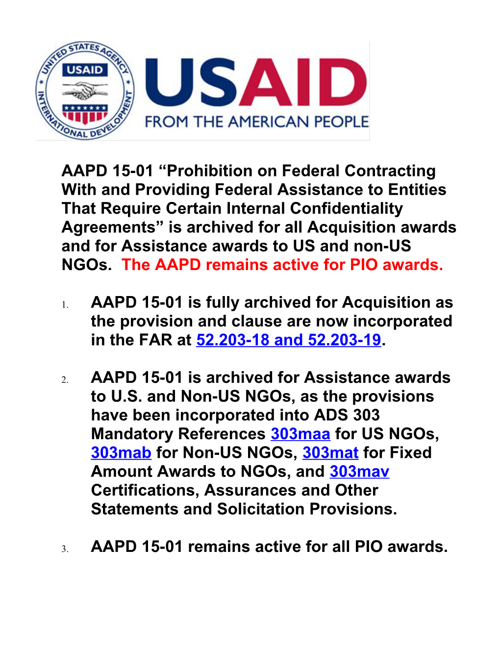 AAPD 15-01 Prohibition on Federal Contracting with and Providing Federal Assistance To