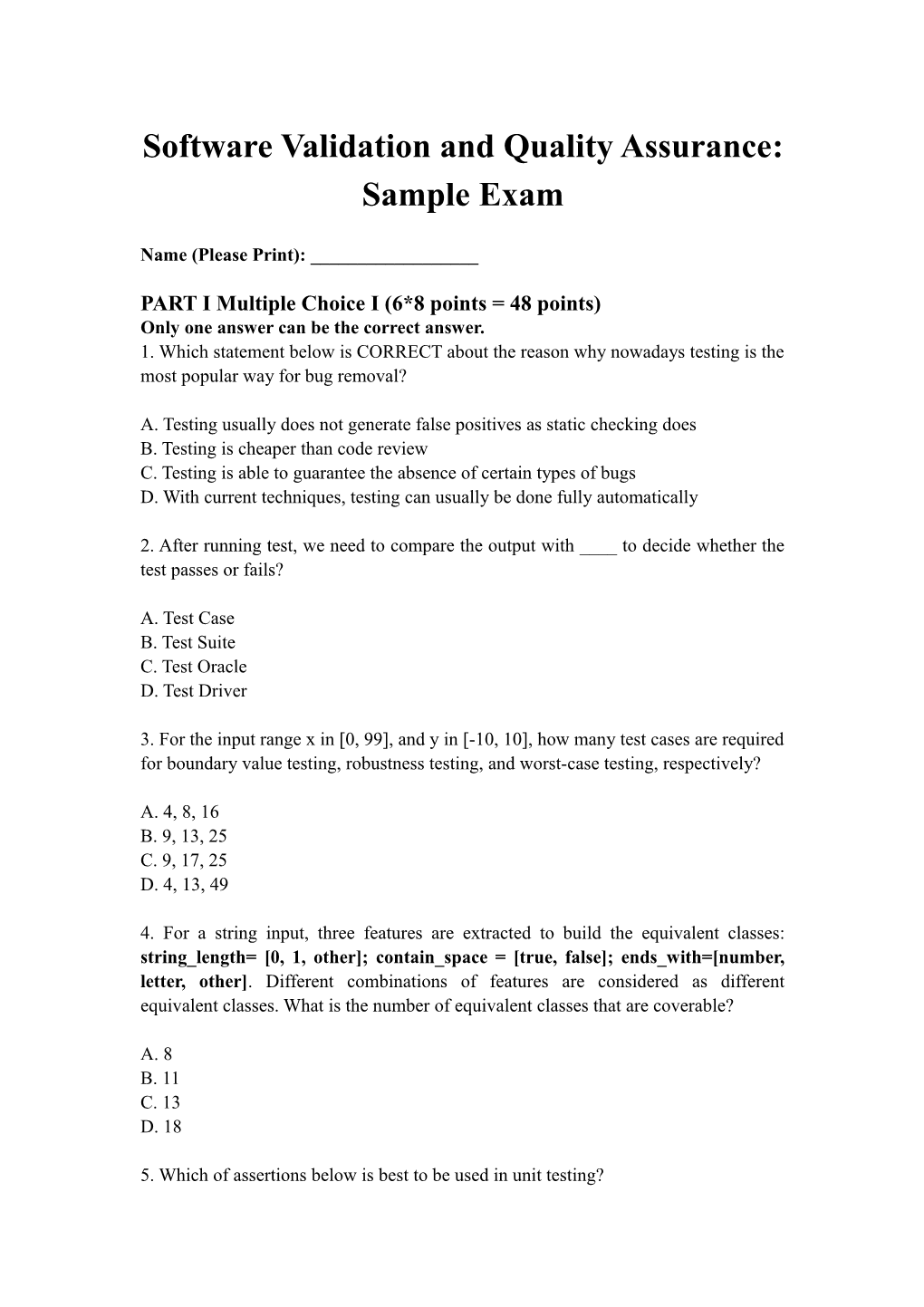 Software Validation and Quality Assurance: Sample Exam