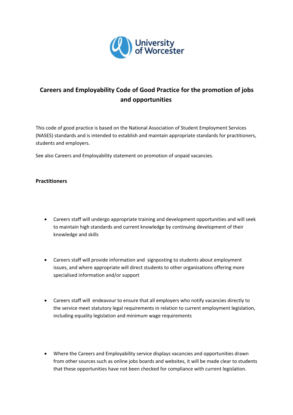 Careers and Employability Code of Good Practice for the Promotion of Jobs and Opportunities