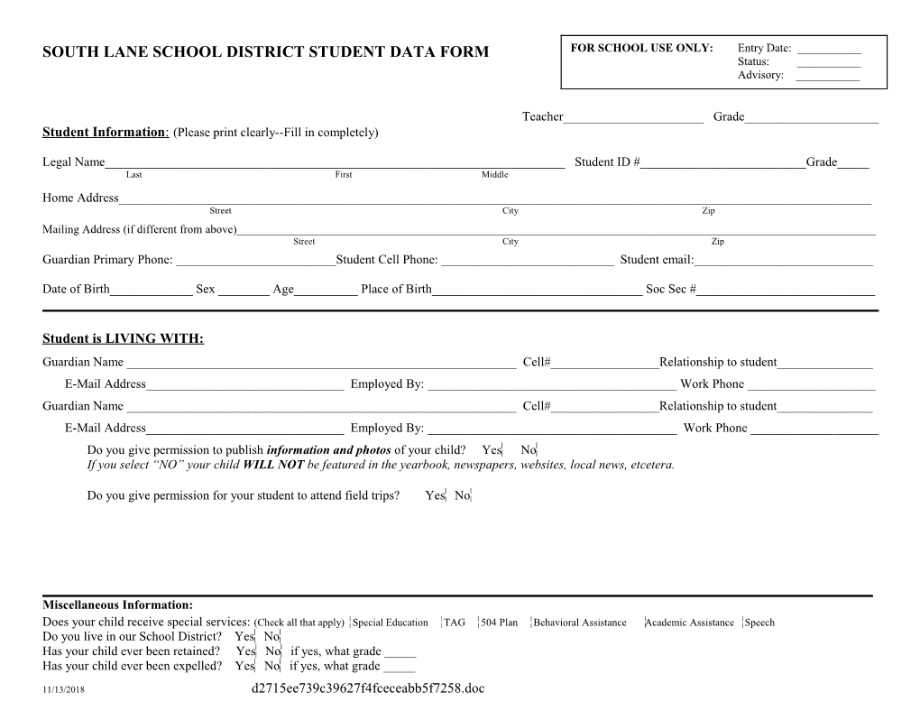 South Lane School District Student Data Form