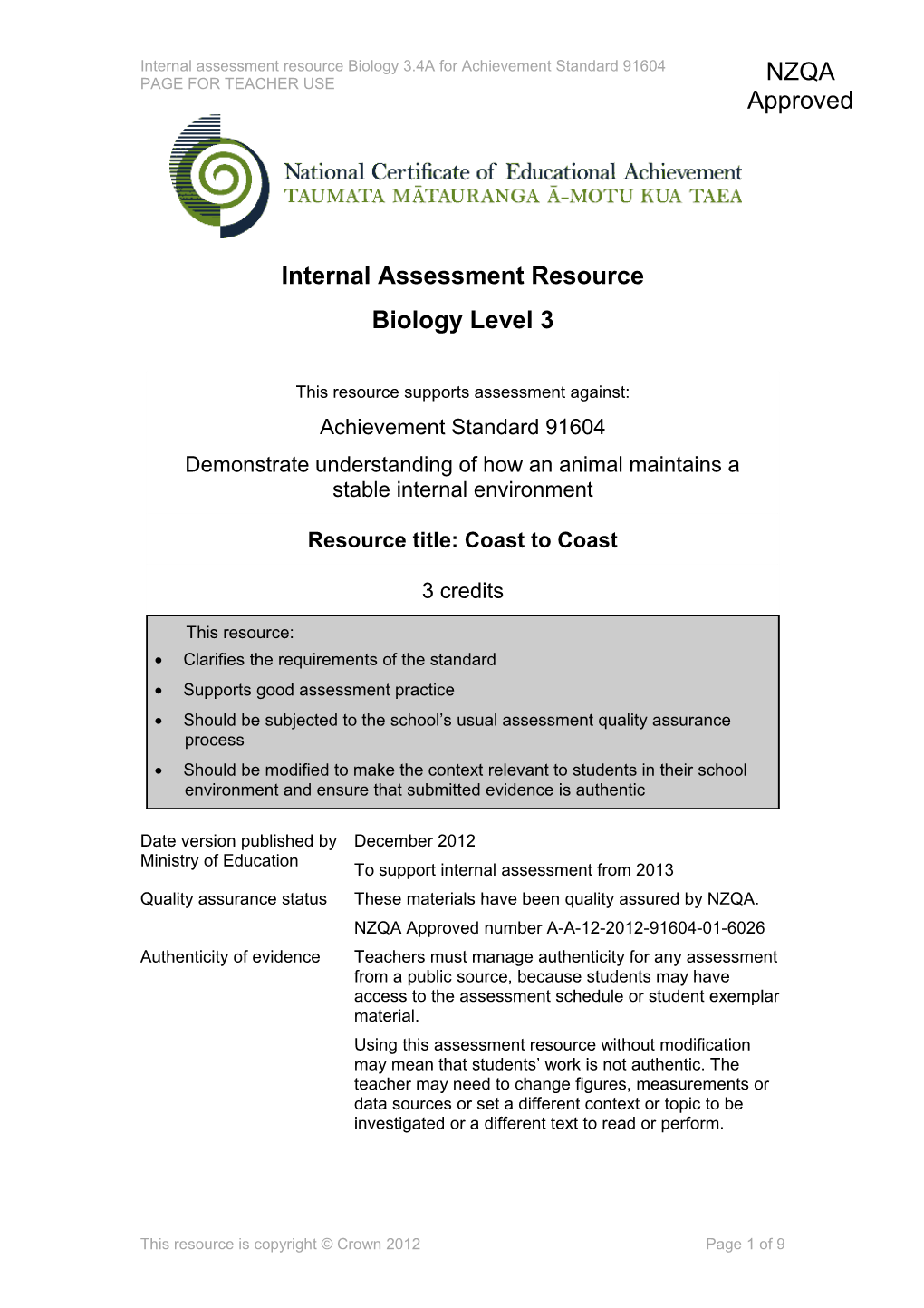 Level 3 Biology Nternal Assessment Resource