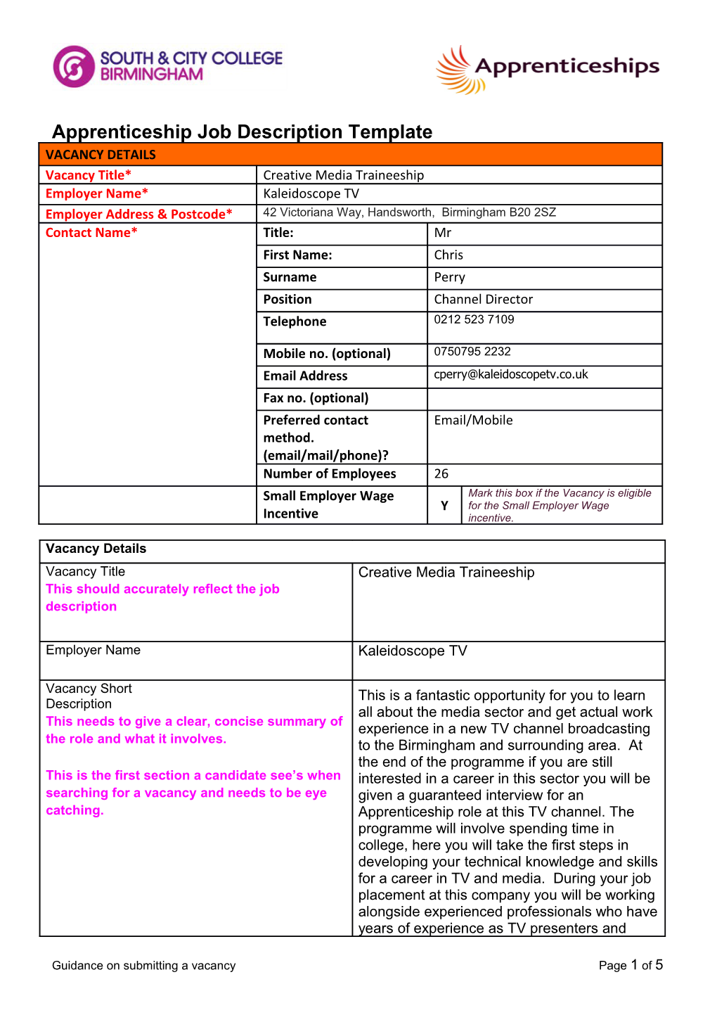 Apprenticeship Job Description Template