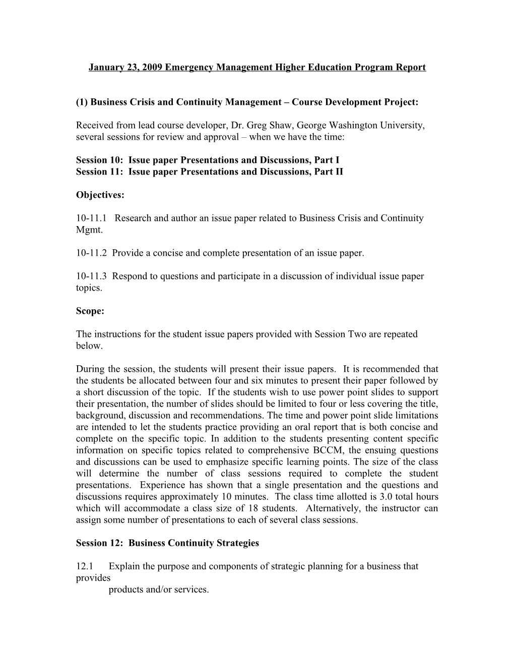 January 23, 2009 Emergency Management Higher Education Program Report