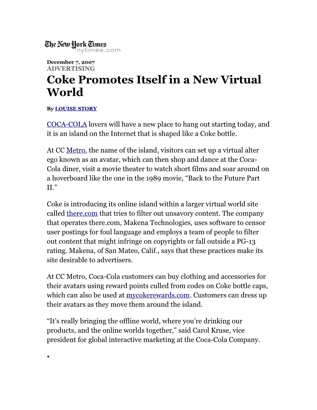 Coke Promotes Itself in a New Virtual World