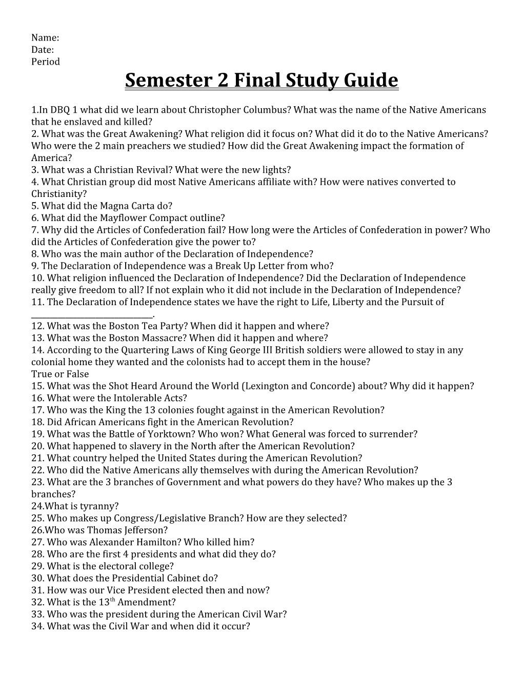 Semester 2 Final Study Guide