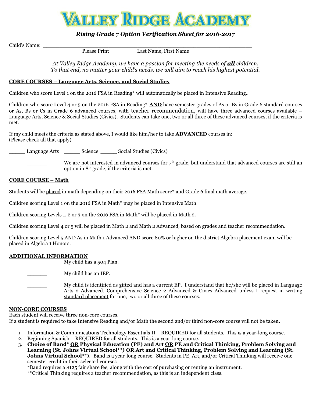 Rising Grade 7 Option Verification Sheet for 2016-2017