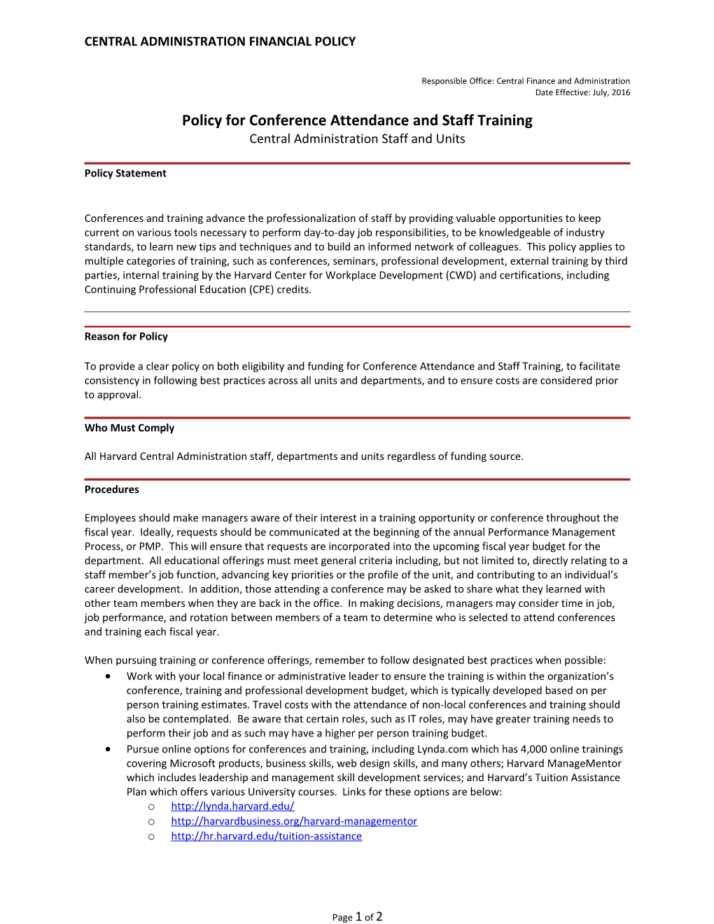 Policy for Conference Attendance and Staff Training