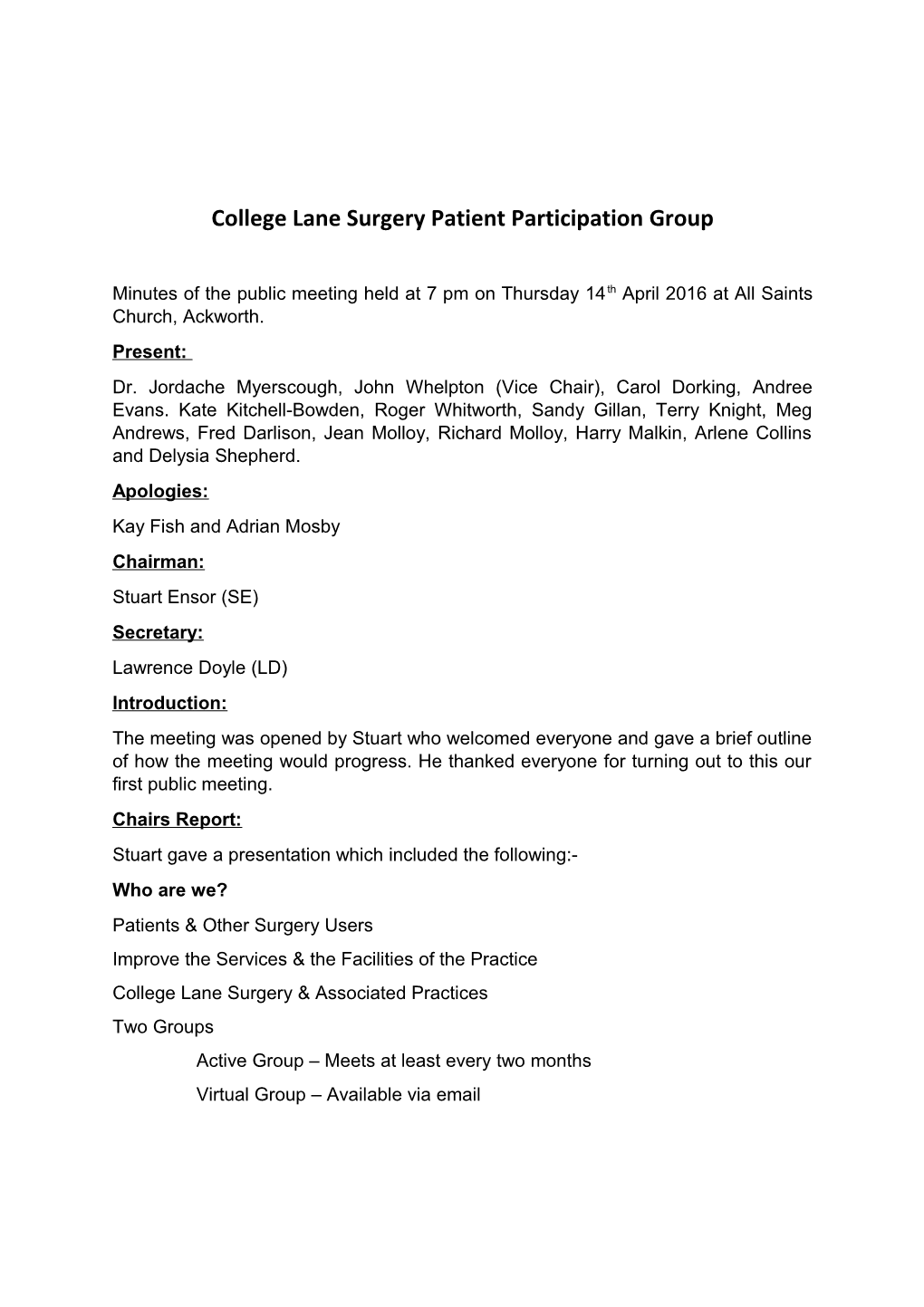 College Lanesurgery Patient Participation Group