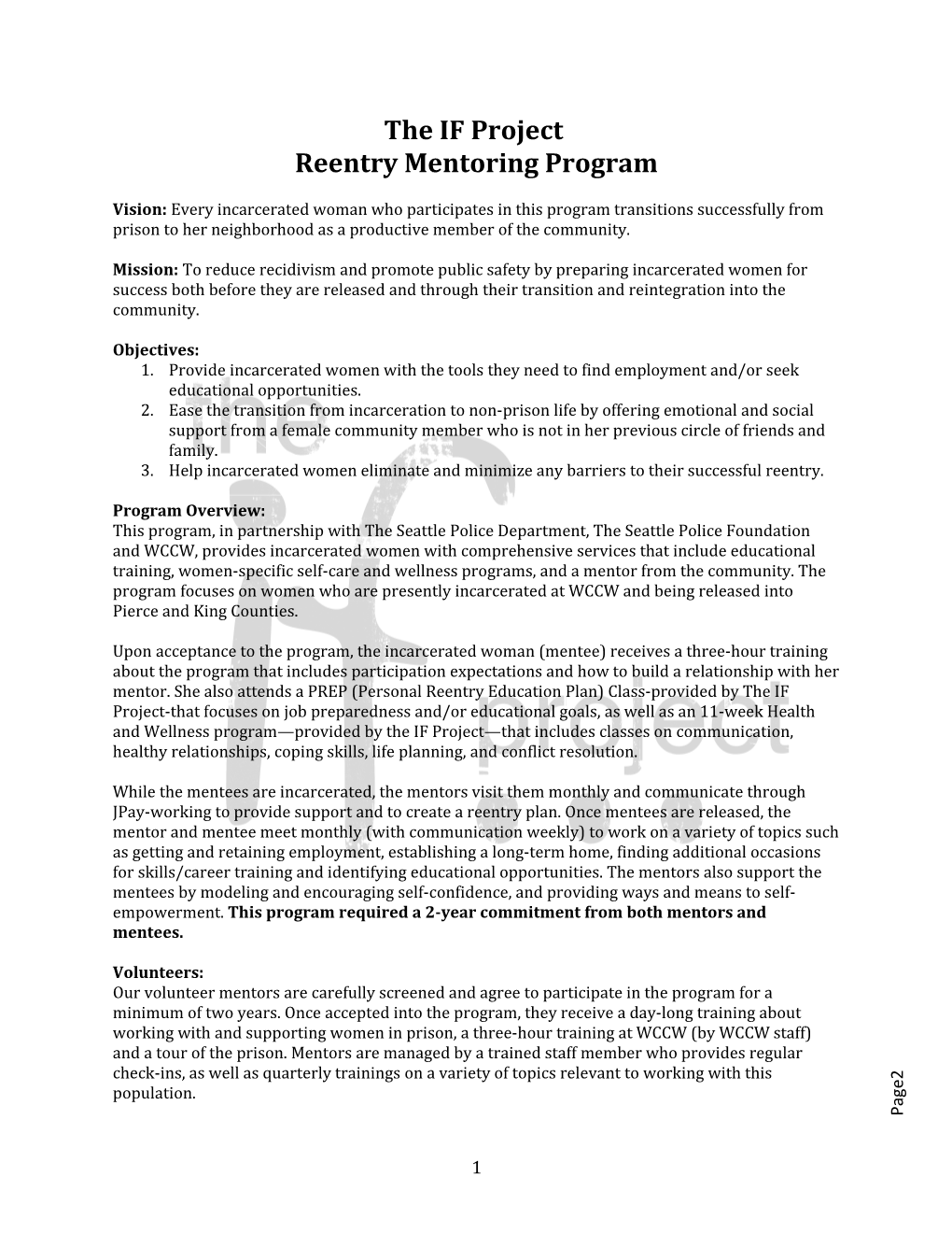 The IF Project Reentry Mentoring Program