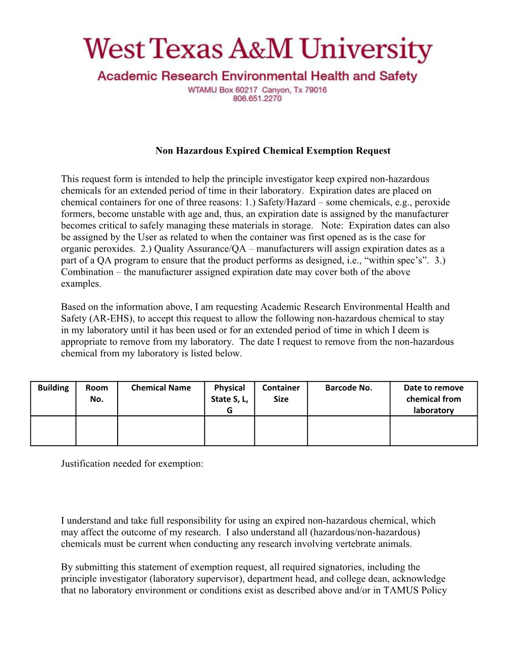 Non Hazardous Expired Chemical Exemption Request