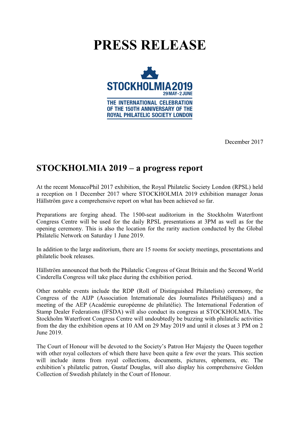 STOCKHOLMIA 2019 a Progress Report