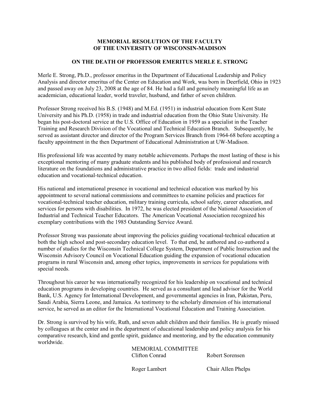 Memorial Resolution of the Faculty