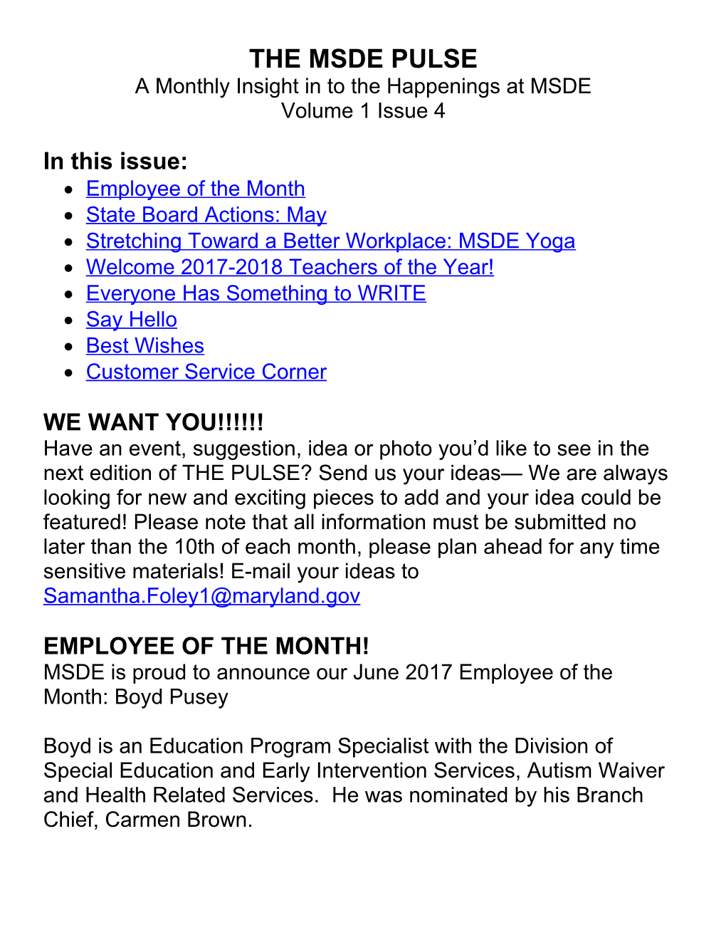 A Monthly Insight in Tothe Happenings at MSDE
