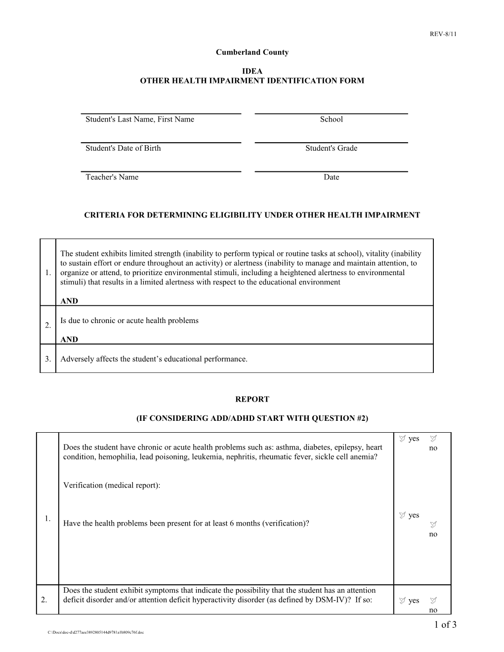 Other Health Impairment Identification Form