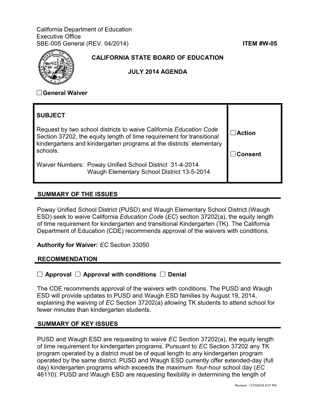 July 2014 Waiver Item W-05 - Meeting Agendas (CA State Board of Education)