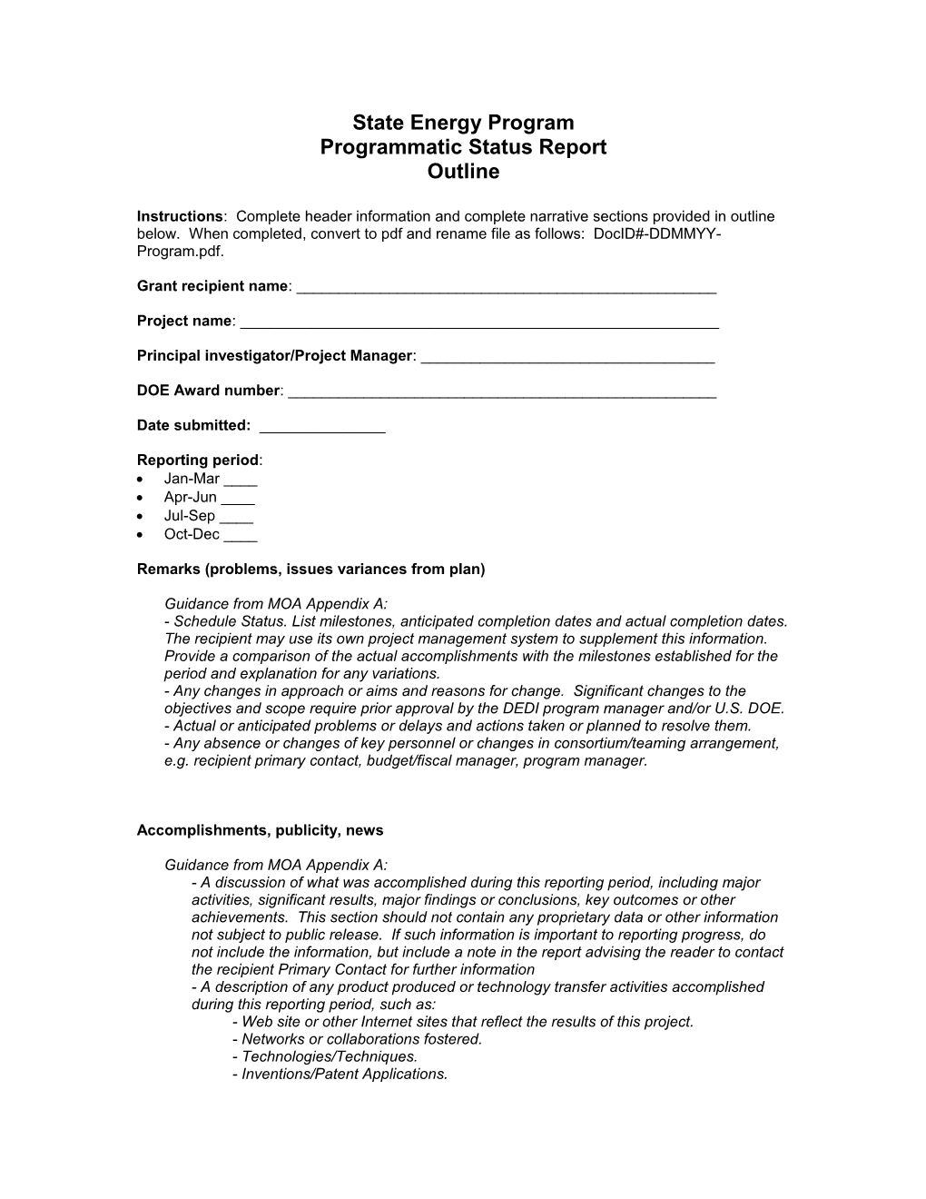SEP- Programmatic Status Report