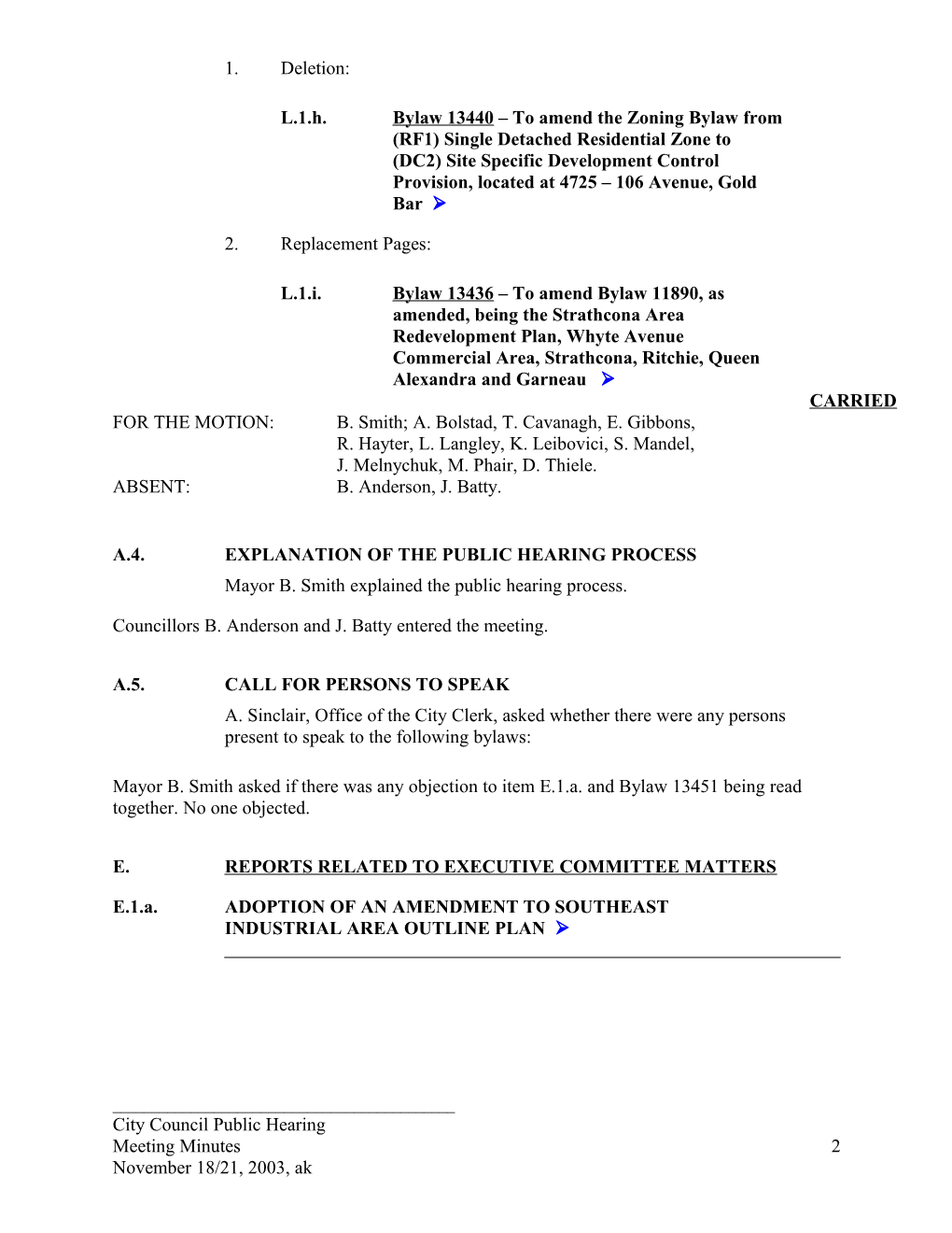 Minutes for City Council November 18, 2003 Meeting