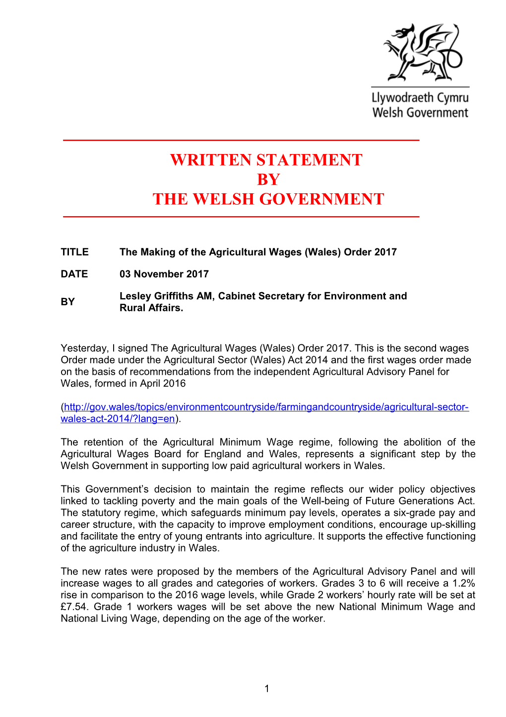 The Making of the Agricultural Wages (Wales) Order 2017