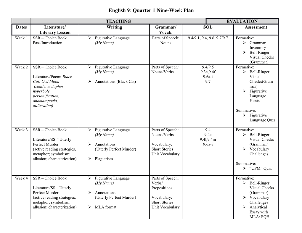 English 9:Quarter1 Nine-Week Plan