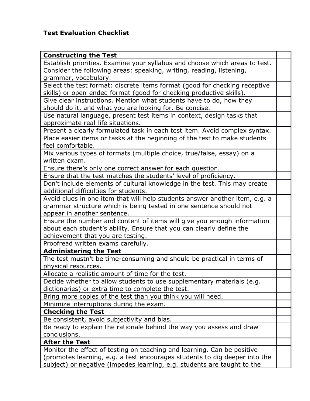 Test Evaluation Checklist