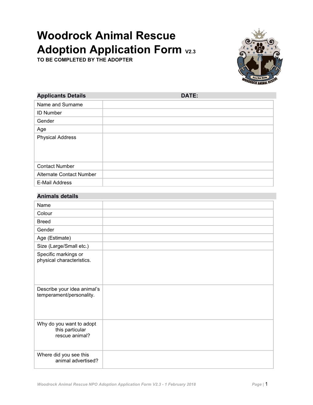 Woodrock Adoption Application Form