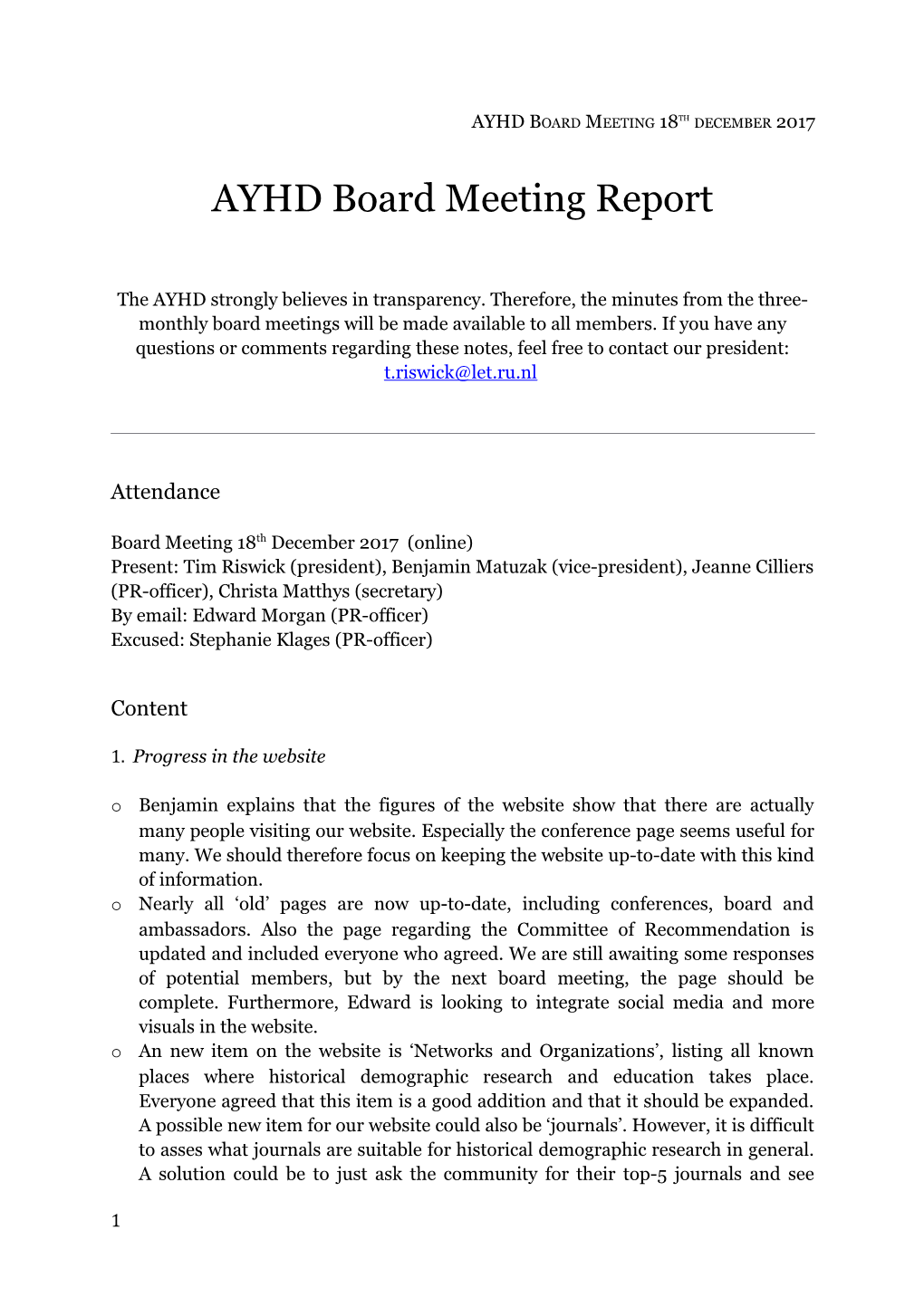 AYHD Board Meeting Report