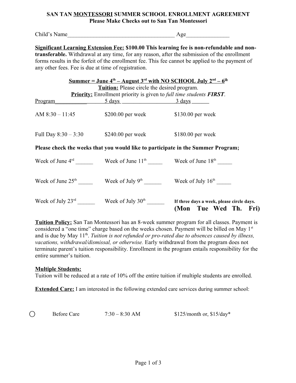 San Tan Montessori School Enrollment Agreement