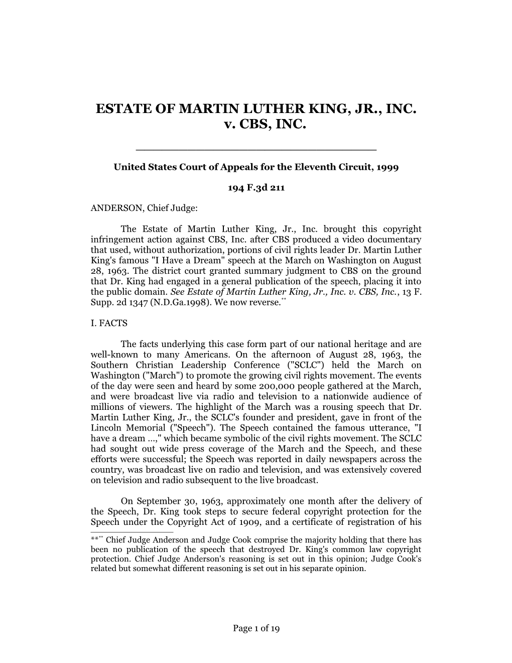 Est. of MLK Jr. V. CBS, 194 F.3D 1211 (1999)