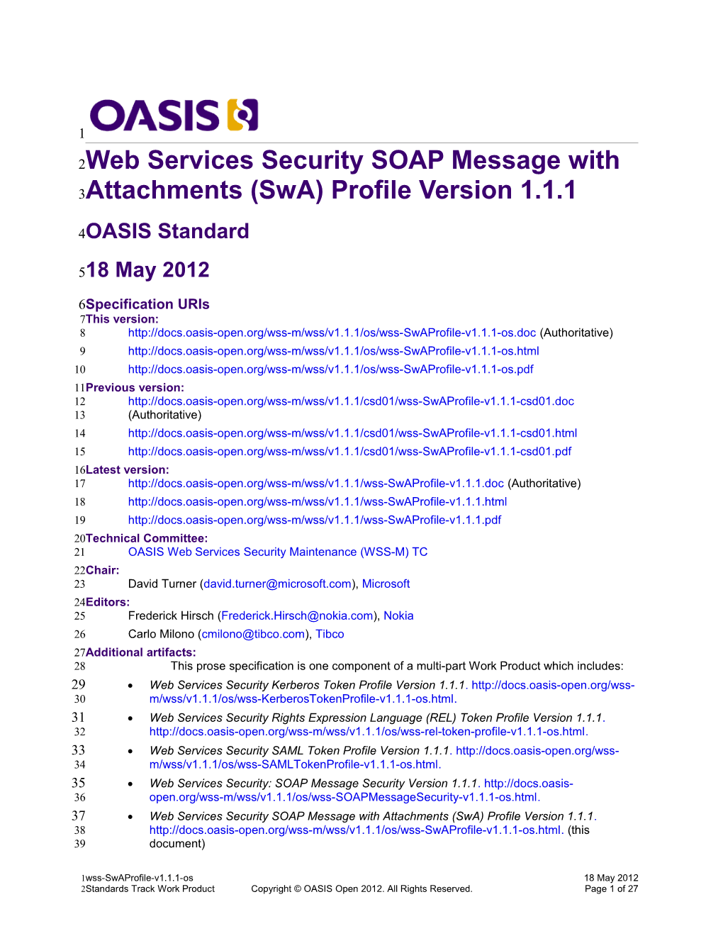 Web Services Security SOAP Messages with Attachments (Swa) Profile Version 1.1.1