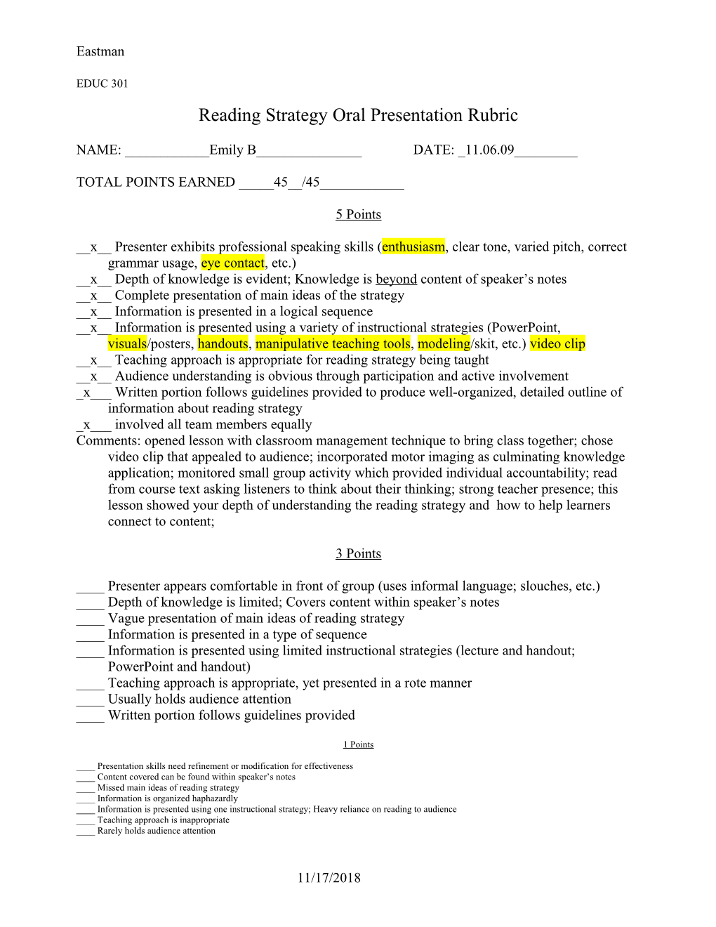 Reading Strategy Oral Presentation Rubric