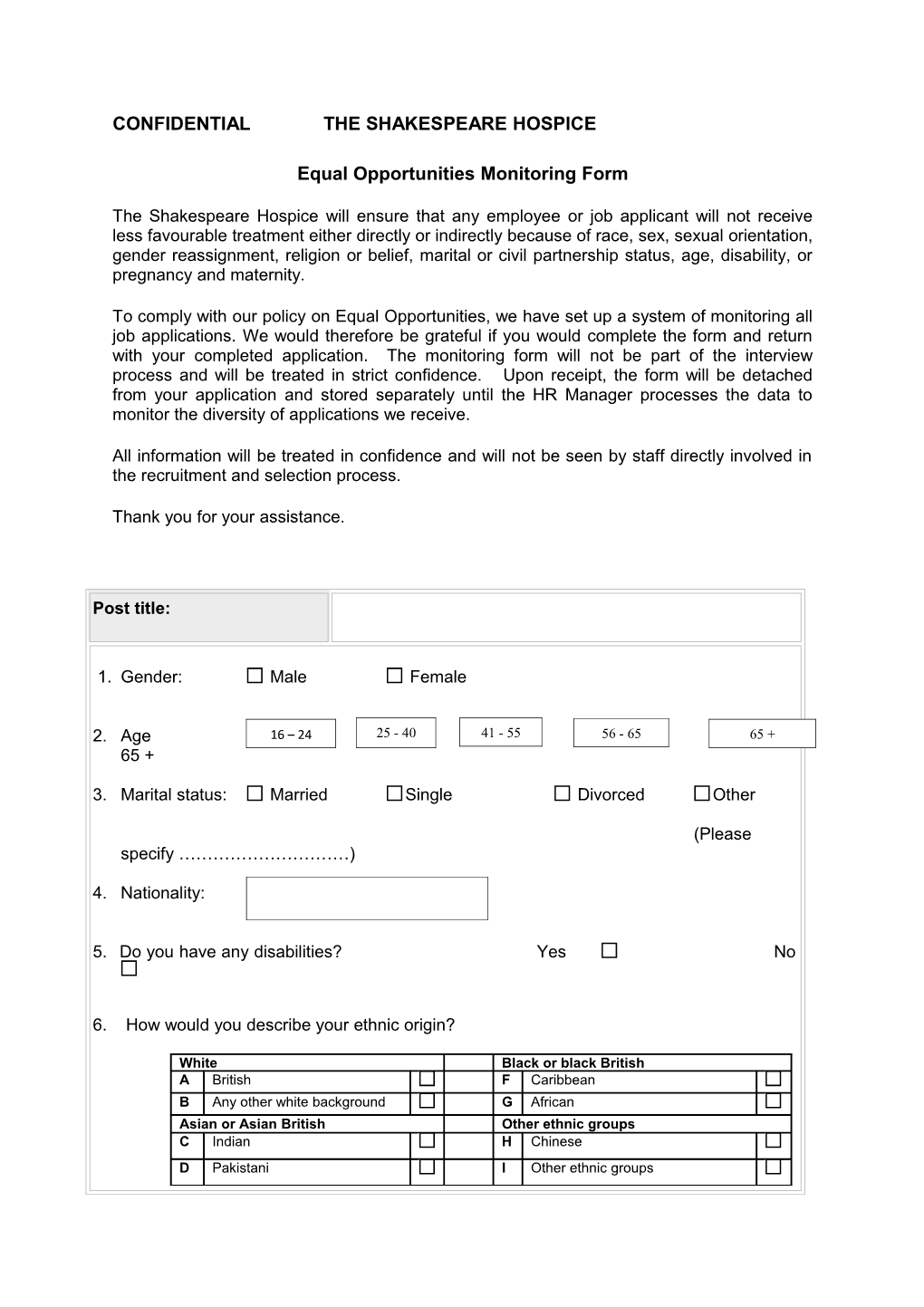 Confidential the Shakespeare Hospice