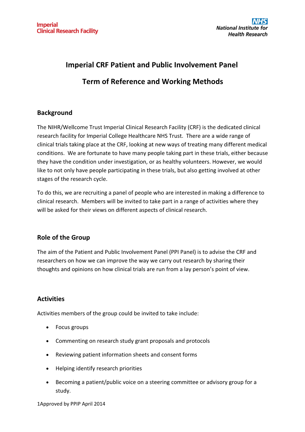 Imperial CRF Patient and Public Involvement Panel