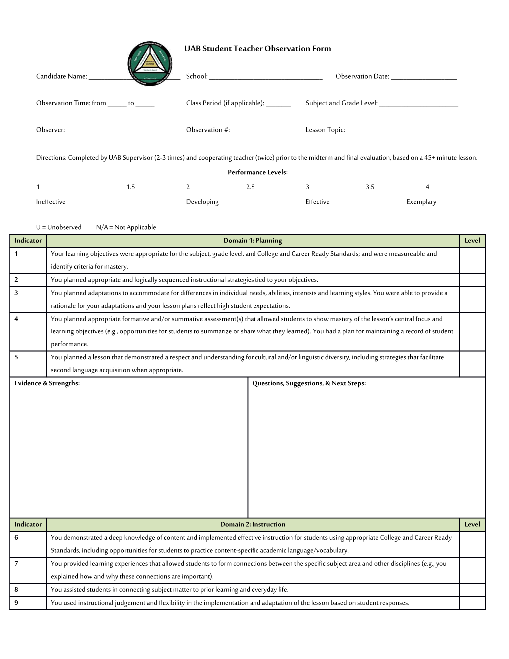 Uabstudent Teacherobservation Form