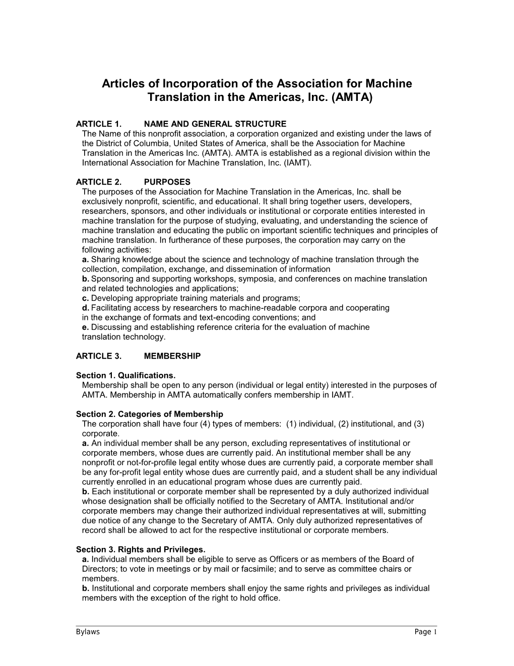 Articles of Incorporation of the Association for Machine Translation in the Americas, Inc