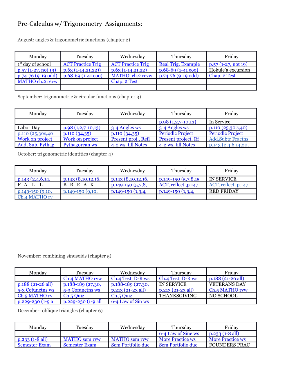 Pre-Calculus W/ Trigonometry Assignments