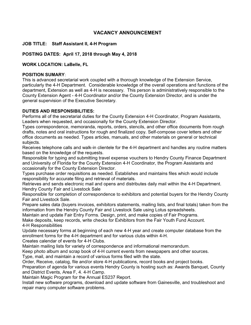 JOB TITLE:Staff Assistant II, 4-H Program