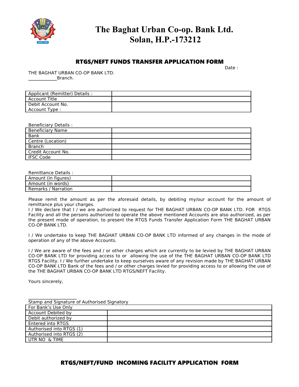 Rtgs/Neft Funds Transfer Application Form