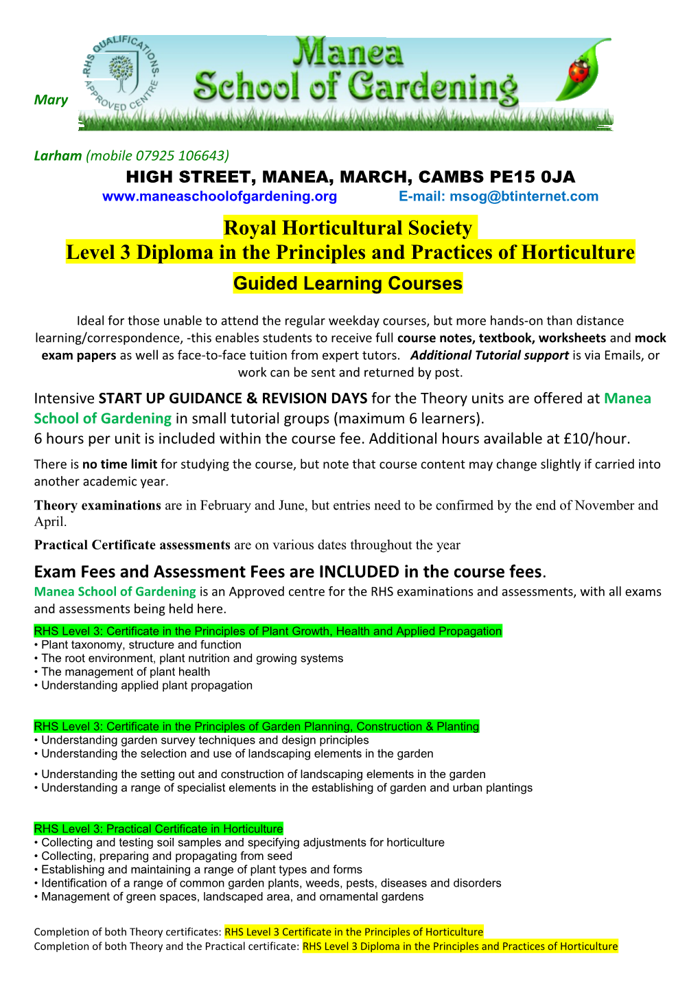 Level 3 Diploma in the Principles and Practices of Horticulture