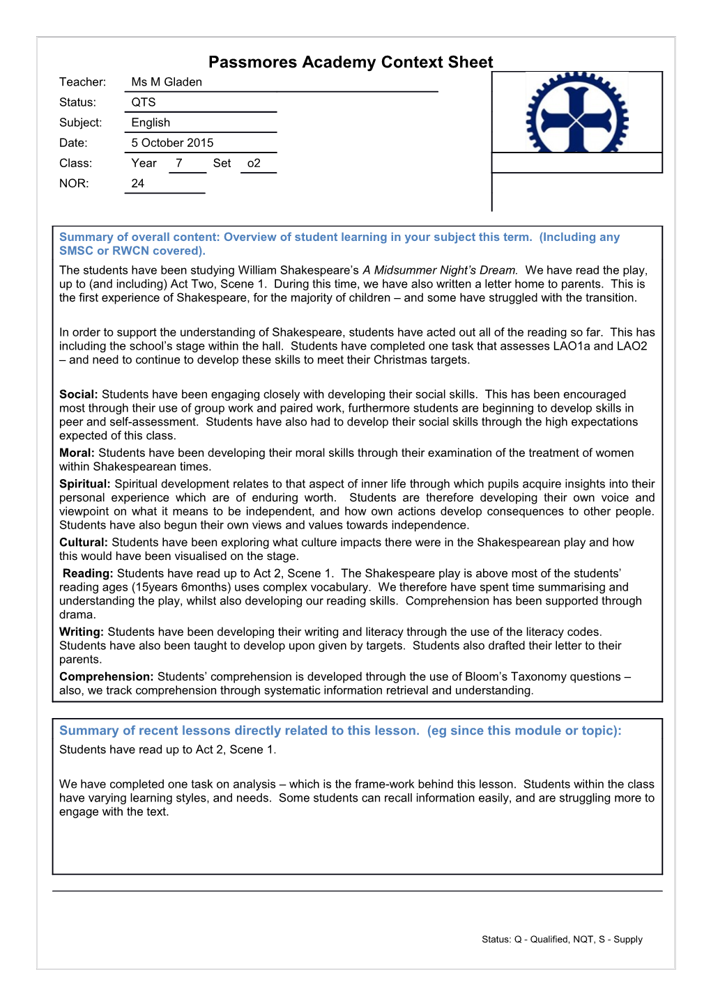 Passmores Academy Context Sheet