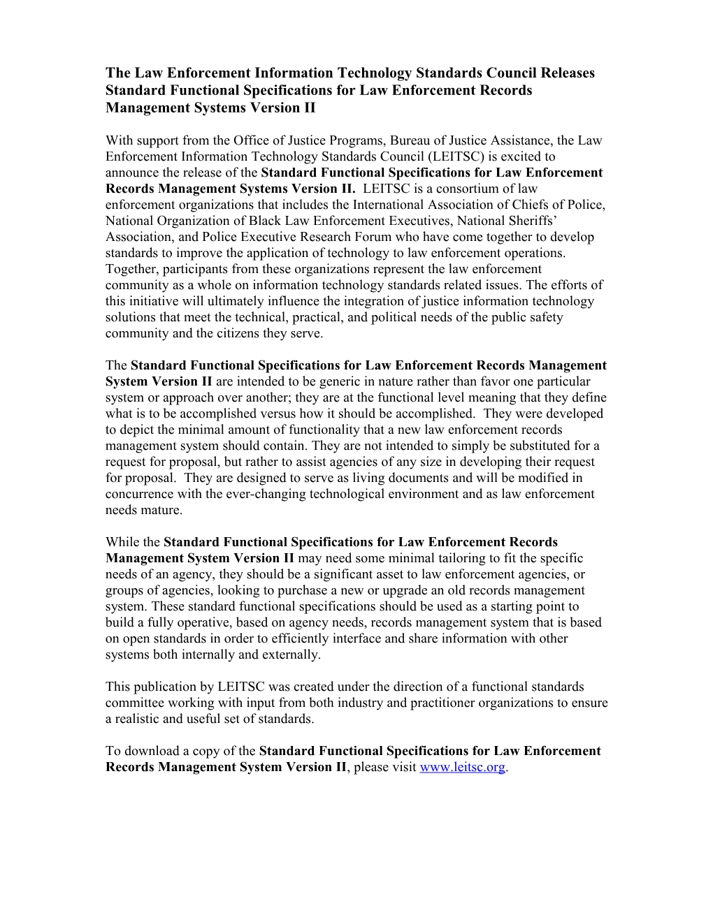 The Law Enforcement Information Technology Standards Council Releases Standard Functional