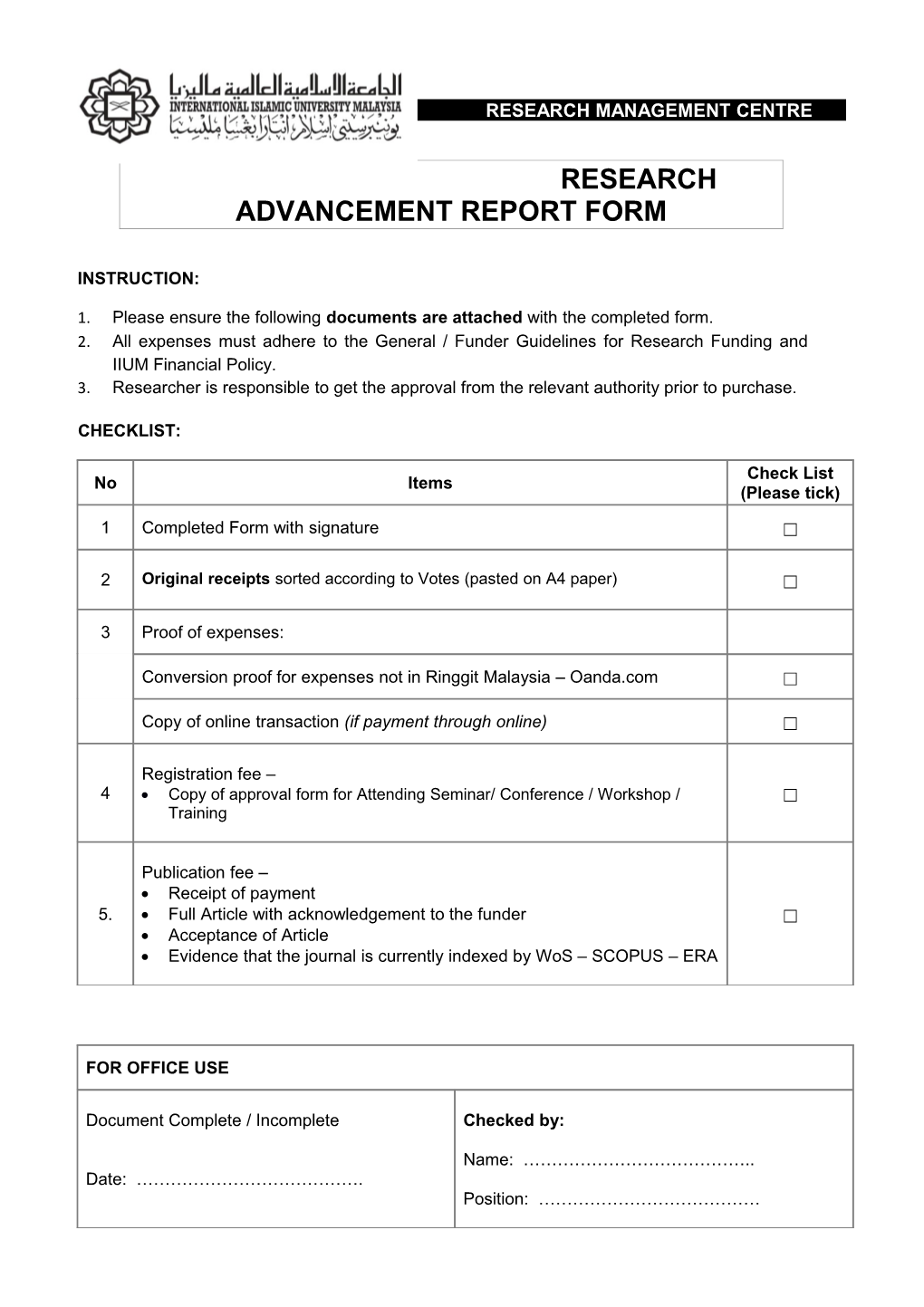 Research Advancement Report Form