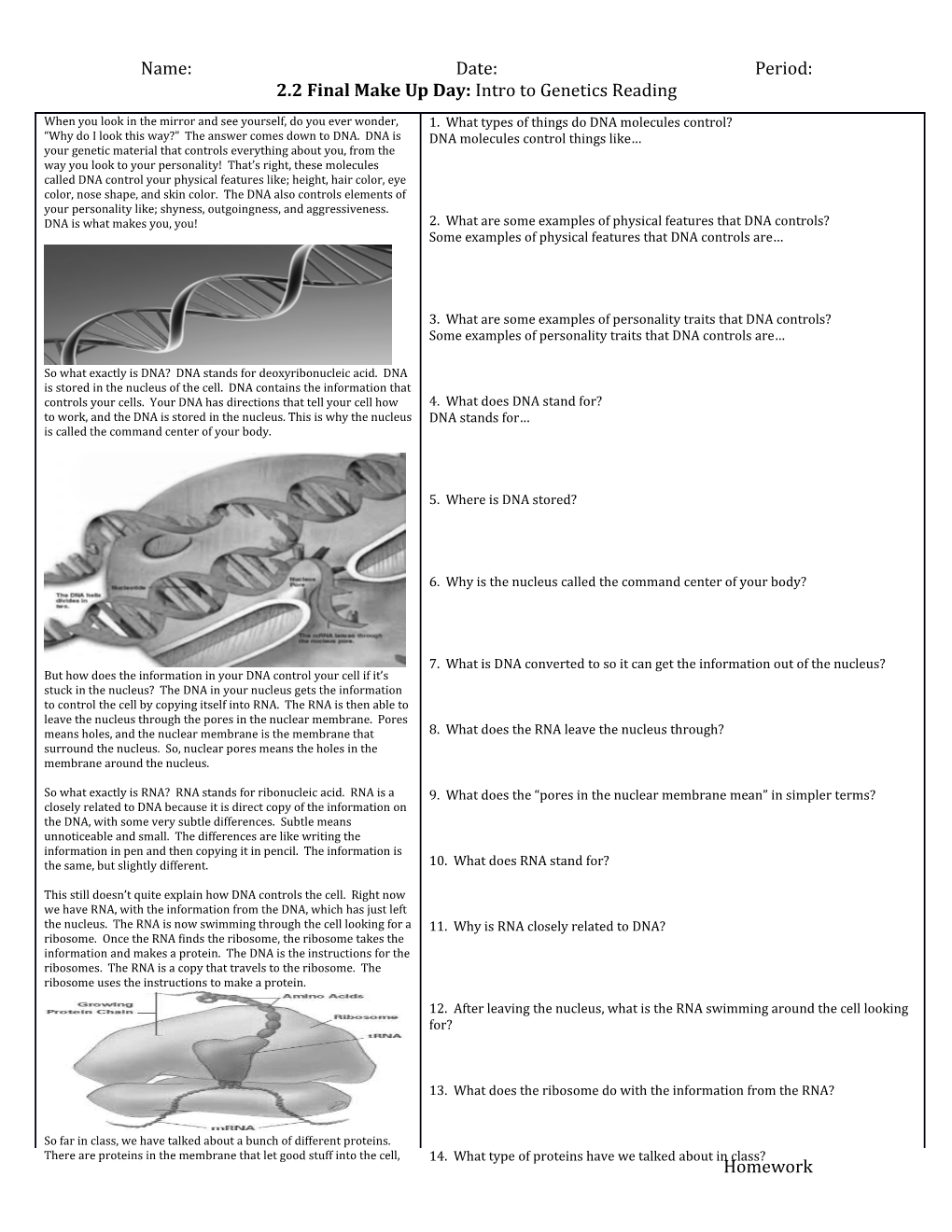 2.2 Final Make up Day: Intro to Genetics Reading