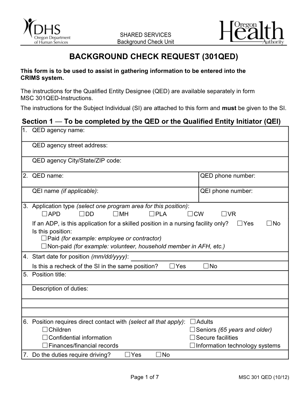 Background Check Request - Form 301QED