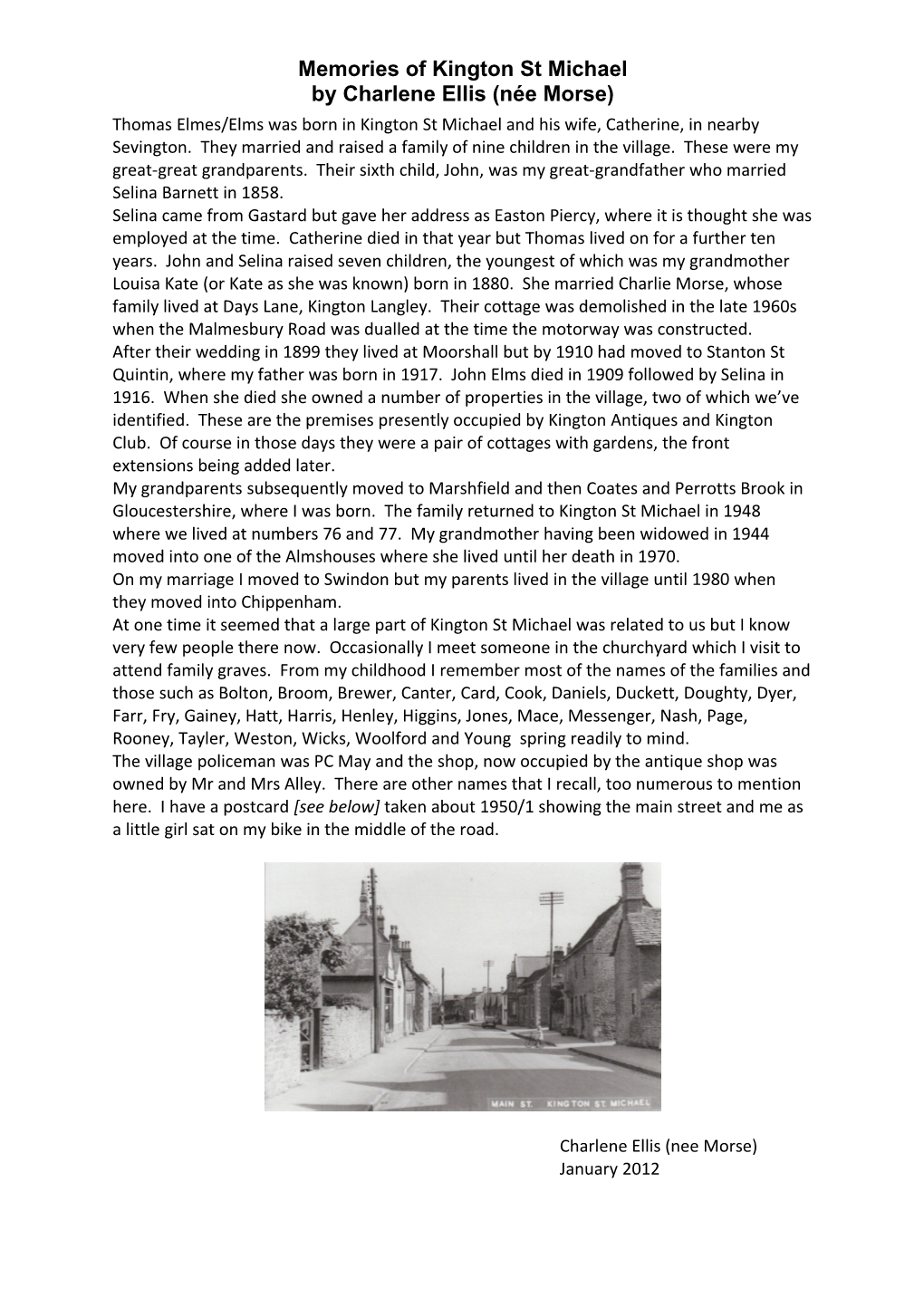 Memories of Kington St Michael by Charlene Ellis (Née Morse)