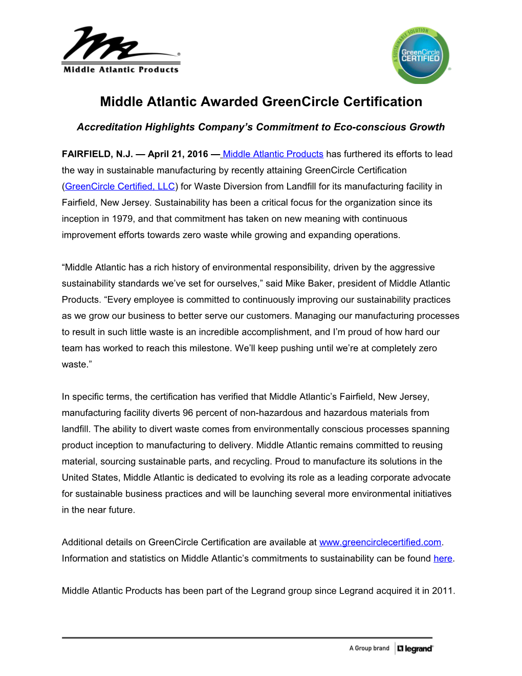 Middle Atlantic Awarded Greencircle Certification