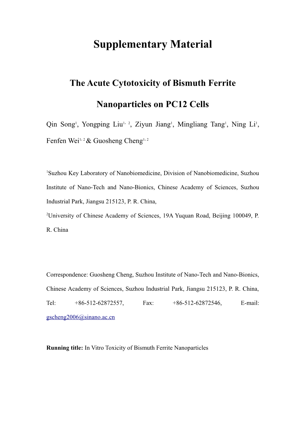 The Acute Cytotoxicity of Bismuth Ferrite Nanoparticleson PC12 Cells