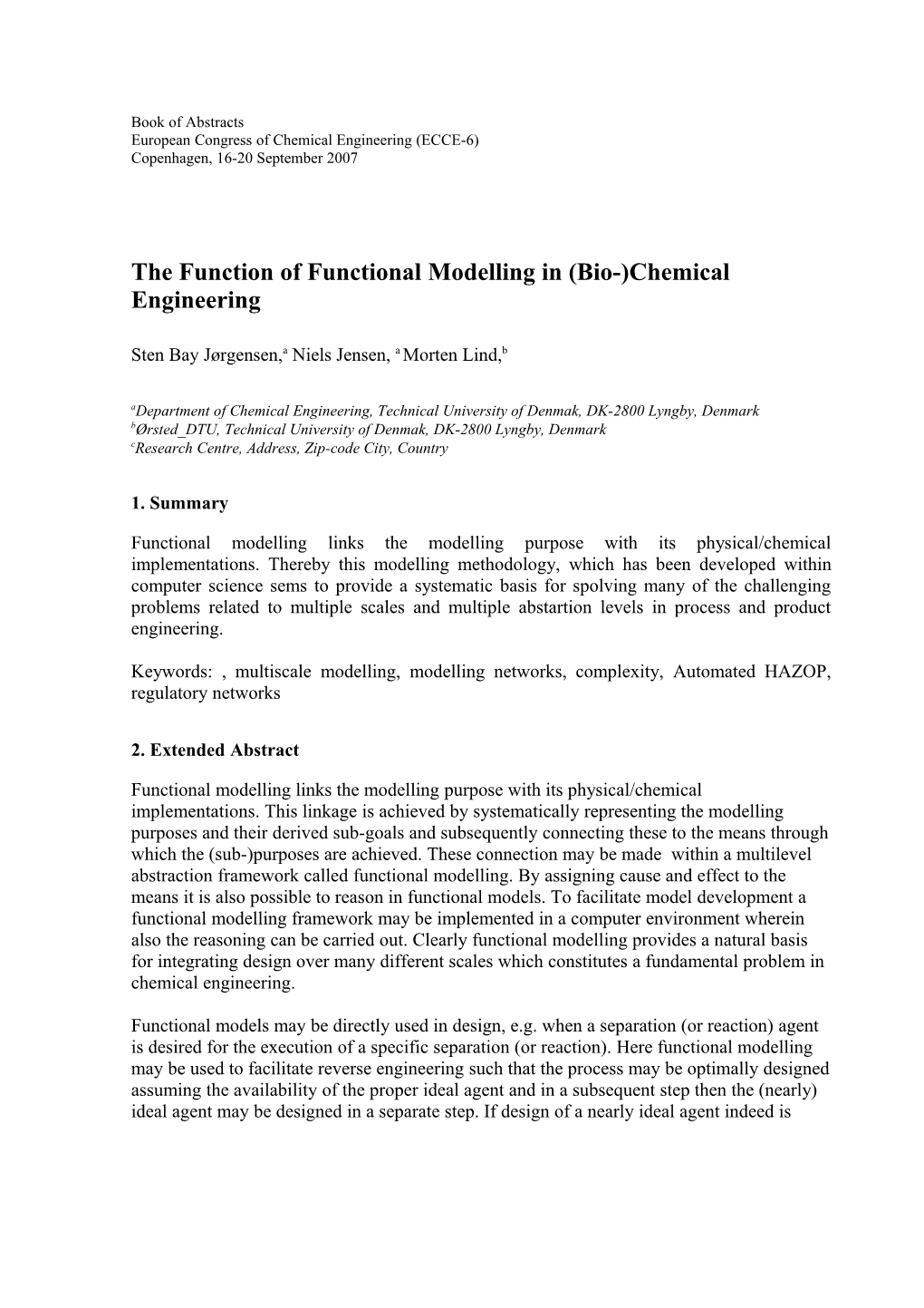 The Function of Functional Modelling in (Bio-)Chemical Engineering