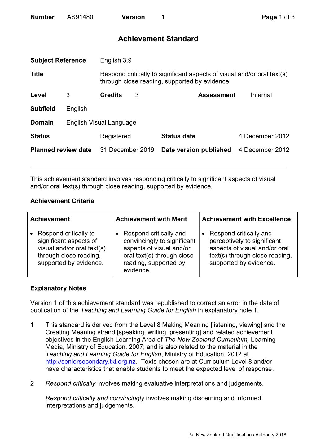 91480 Respond Critically to Significant Aspects of Visual And/Or Oral Text(S) Through Close